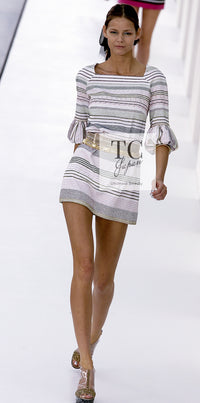 CHANEL 07S Multicolor Border CC Chain Charm Cotton Wool Dress 34 36 40 シャネル マルチカラー CC チェーン チャーム ボーダー コットン ウール ワンピース 即発