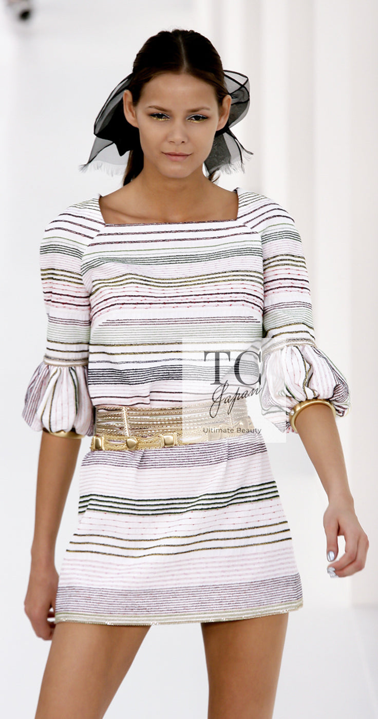 CHANEL 07S Multicolor Border CC Chain Charm Cotton Wool Dress 34 36 40 シャネル マルチカラー CC チェーン チャーム ボーダー コットン ウール ワンピース 即発