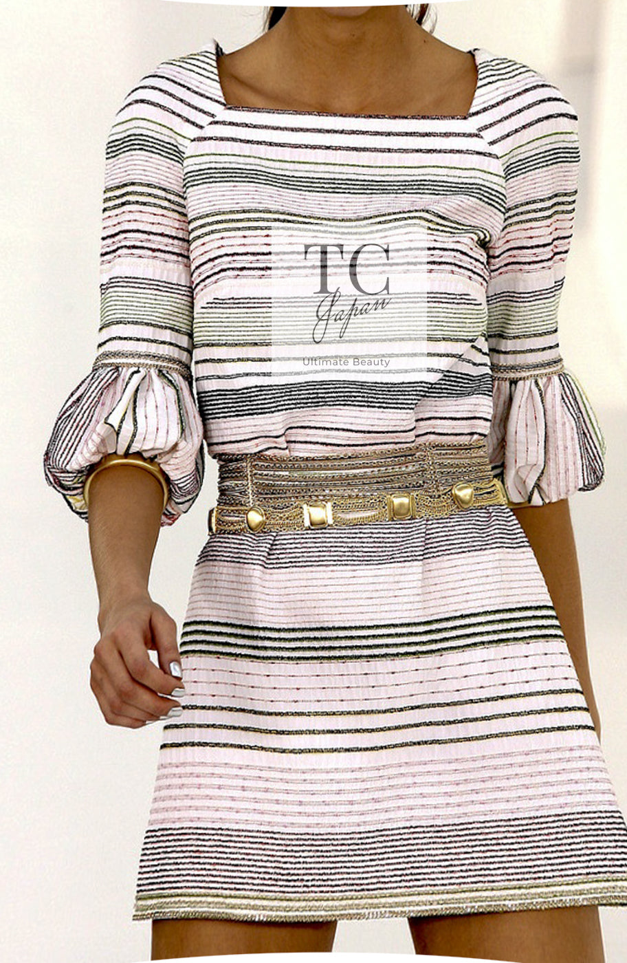 CHANEL 07S Multicolor Border CC Chain Charm Cotton Wool Dress 34 36 40 シャネル マルチカラー CC チェーン チャーム ボーダー コットン ウール ワンピース 即発