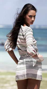 CHANEL 07S Multicolor Border CC Chain Charm Cotton Wool Dress 34 36 40 シャネル マルチカラー CC チェーン チャーム ボーダー コットン ウール ワンピース 即発