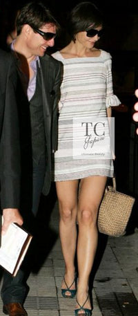CHANEL 07S Multicolor Border CC Chain Charm Cotton Wool Dress 34 36 40 シャネル マルチカラー CC チェーン チャーム ボーダー コットン ウール ワンピース 即発