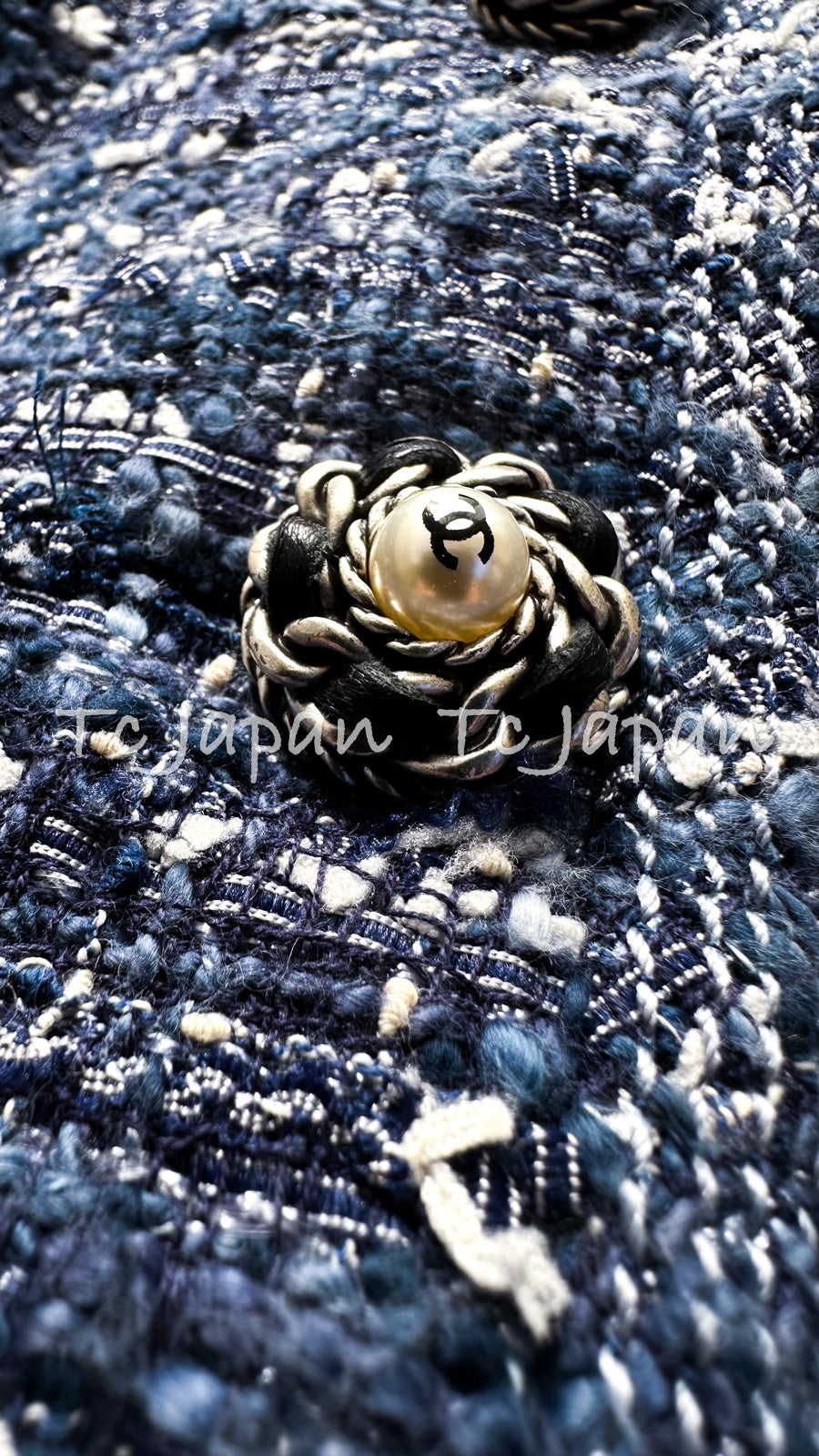 CHANEL 10S Blue Navy Metallic Pearl CC Button Tweed Jacket 38 40 シャネル ネイビー パール ココボタン ルサージュ ツイード ジャケット 即発