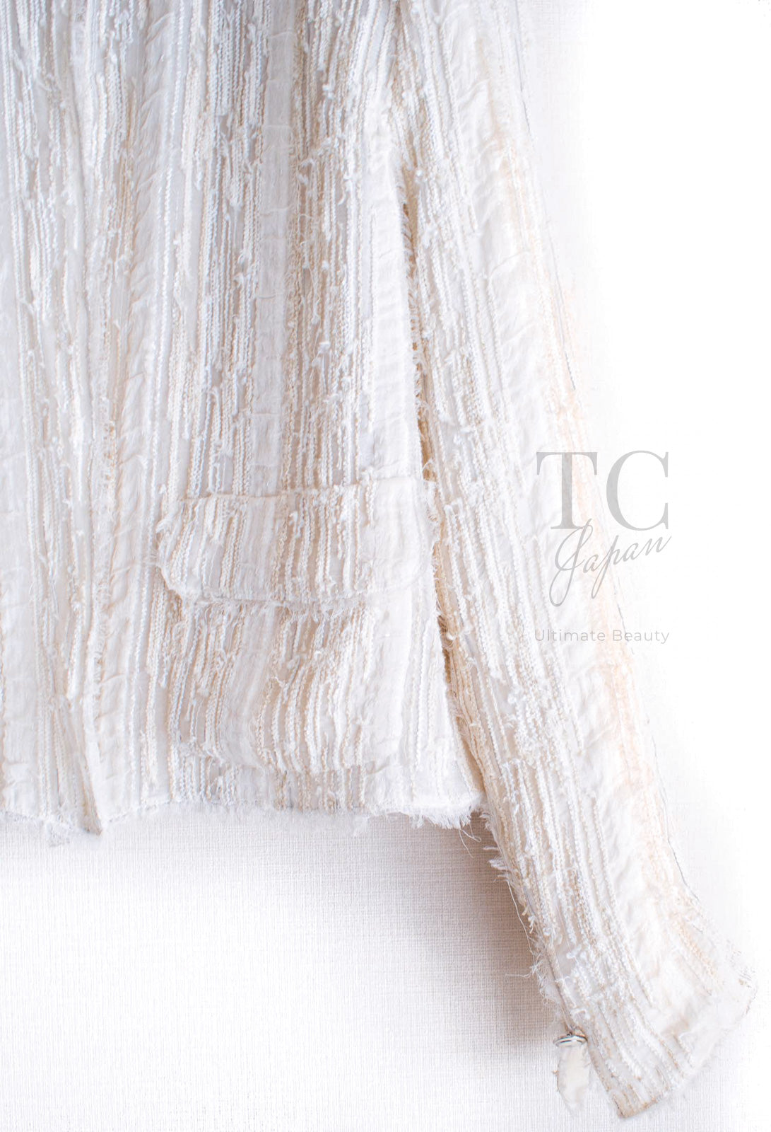 CHANEL 07C Ivory Creme Cotton Silk Cardigan Jacket 34 36 シャネル アイボリー クリーム コットン シルク カーディガン ジャケット 即発