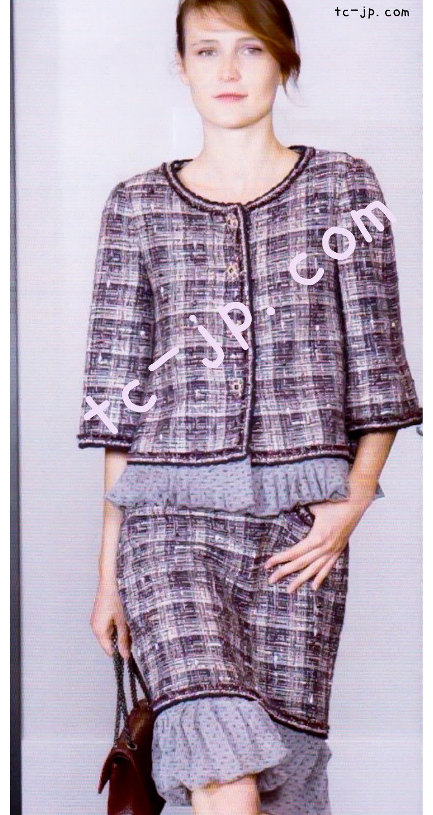 CHANEL 12S Purple Gray Cotton Tweed Silk Star Pleated Ruffle Jacket 34 シャネル パープル グレー コットン ツイード シルク スター プリーツ ラッフル ノーカラー ジャケット 即発