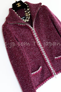 CHANEL 16A Plum Wine Red Cashmere Silk Zipper Knit Cardigan 36 38 シャネル プラム ワイン レッド カシミヤ シルク ジッパー ニット カーディガン 即発