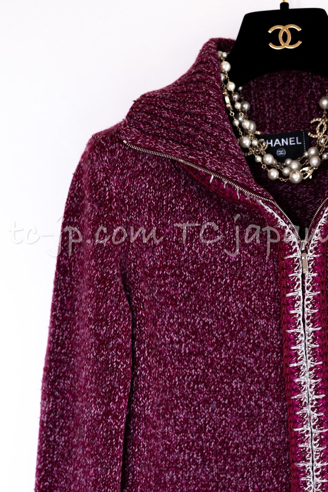 CHANEL 16A Plum Wine Red Cashmere Silk Zipper Knit Cardigan 36 38 シャネル プラム ワイン レッド カシミヤ シルク ジッパー ニット カーディガン 即発