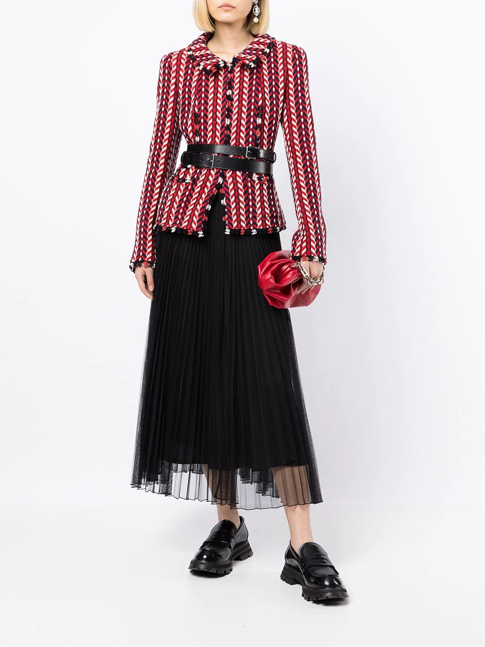 CHANEL 04A Red Navy Tricolore Wool Tweed Many CC Logo Trim Jacket 36 ④ シャネル レッド トリコロール ウール 限定版 コレクティブル ツイード ジャケット CCマーク多数 カメリアブローチ付 即発