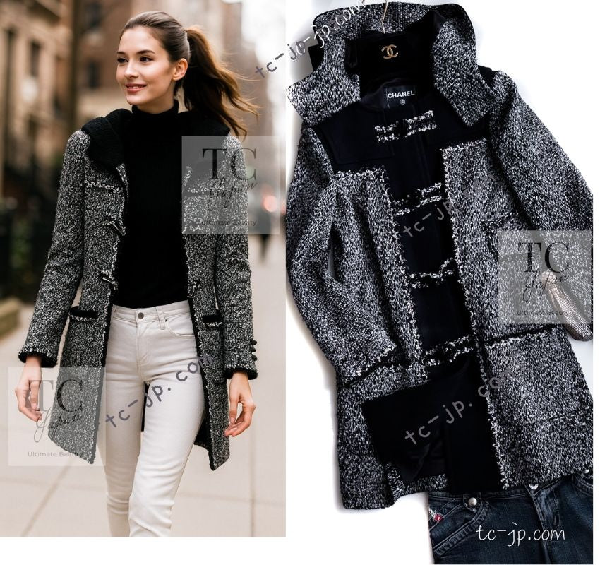 CHANEL 11A Black Gray Wool Hooded Duffle Tweed Coat 36 38 シャネル ブラック グレー ウール ダッフル フード ツイード コート 即発