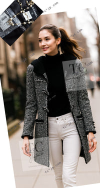 CHANEL 11A Black Gray Wool Hooded Duffle Tweed Coat 36 38 シャネル ブラック グレー ウール ダッフル フード ツイード コート 即発