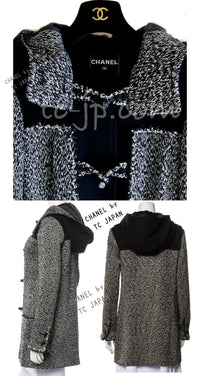 CHANEL 11A Black Gray Wool Hooded Duffle Tweed Coat 36 38 シャネル ブラック グレー ウール ダッフル フード ツイード コート 即発