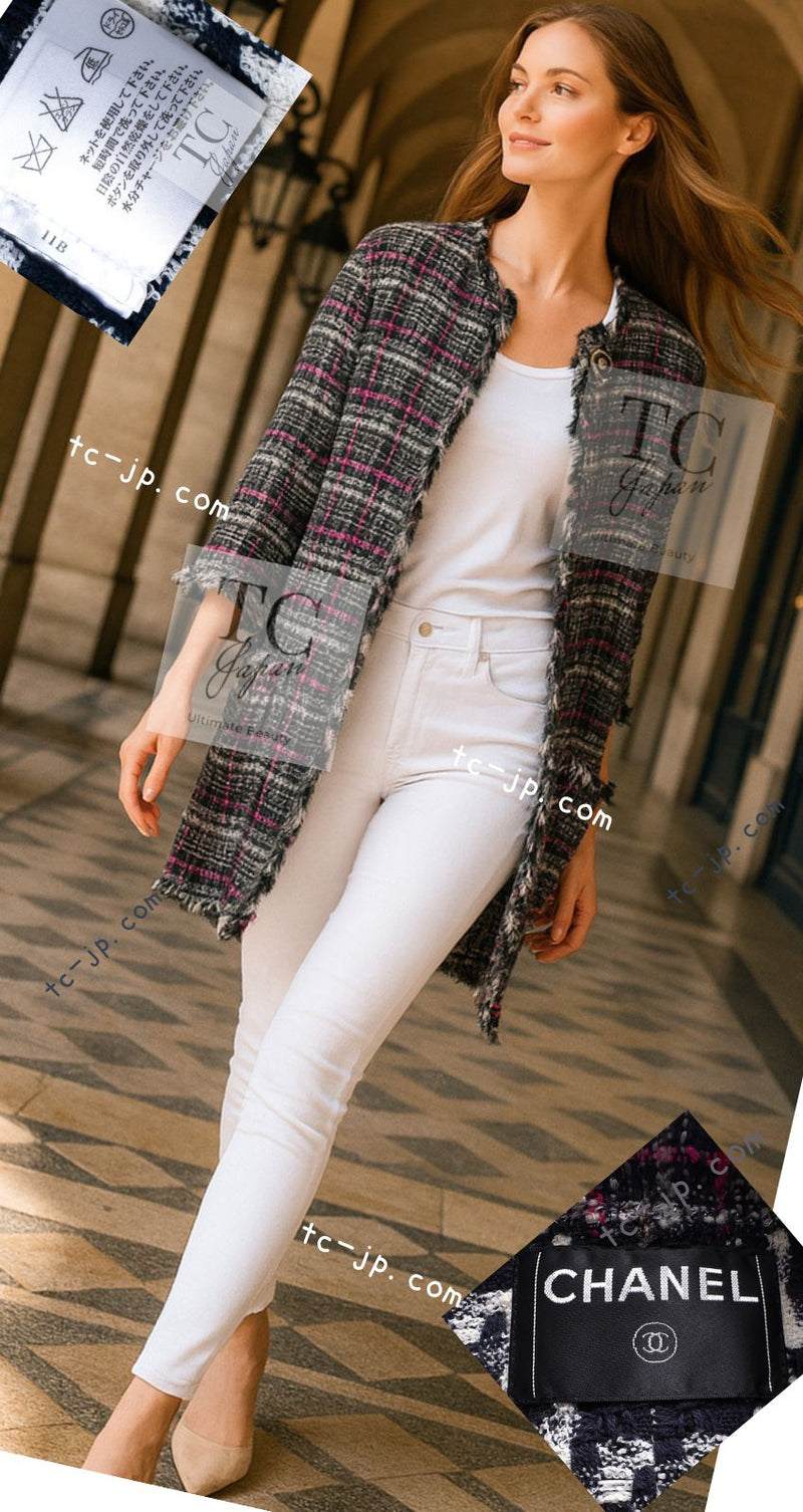 CHANEL 07S Navy White Pink Multicolor Cotton Tweed Coat 34 シャネル ネイビー ピンク ホワイト マルチカラー コットン ツイード ロング コート 即発