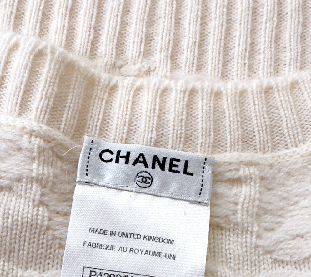 CHANEL 12C Ivory Cashmere 100% Swarovski Sweater Cardigan 34 36 38 シャネル アイボリー スワロフスキー カシミア セーター カーディガン 即発