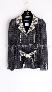 CHANEL 06S Gray Beige CC Logo Tweed Jacket Skirt Suit 38 シャネル CCロゴ グレー ベージュ ツイード ジャケット スカート スーツ 即発