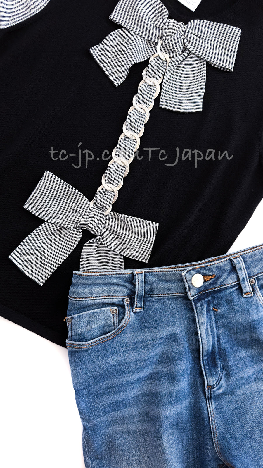 CHANEL 07S Black White Cashmere Silk Celebrity Bow Knit Tops 34 36 シャネル ブラック カシミア シルク セレブのリボン ニット トップス 即発