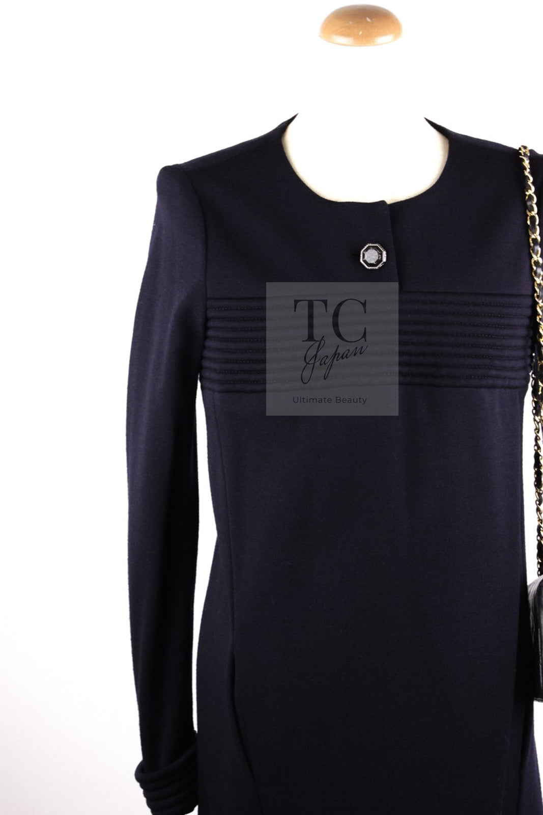 CHANEL 12A Navy Gripoix Button Wool Jersey Knit Dress 34 36 シャネル ネイビー グリポワ宝石 ボタン ウール ジャージ ニット ワンピース 即発 - TC JAPAN