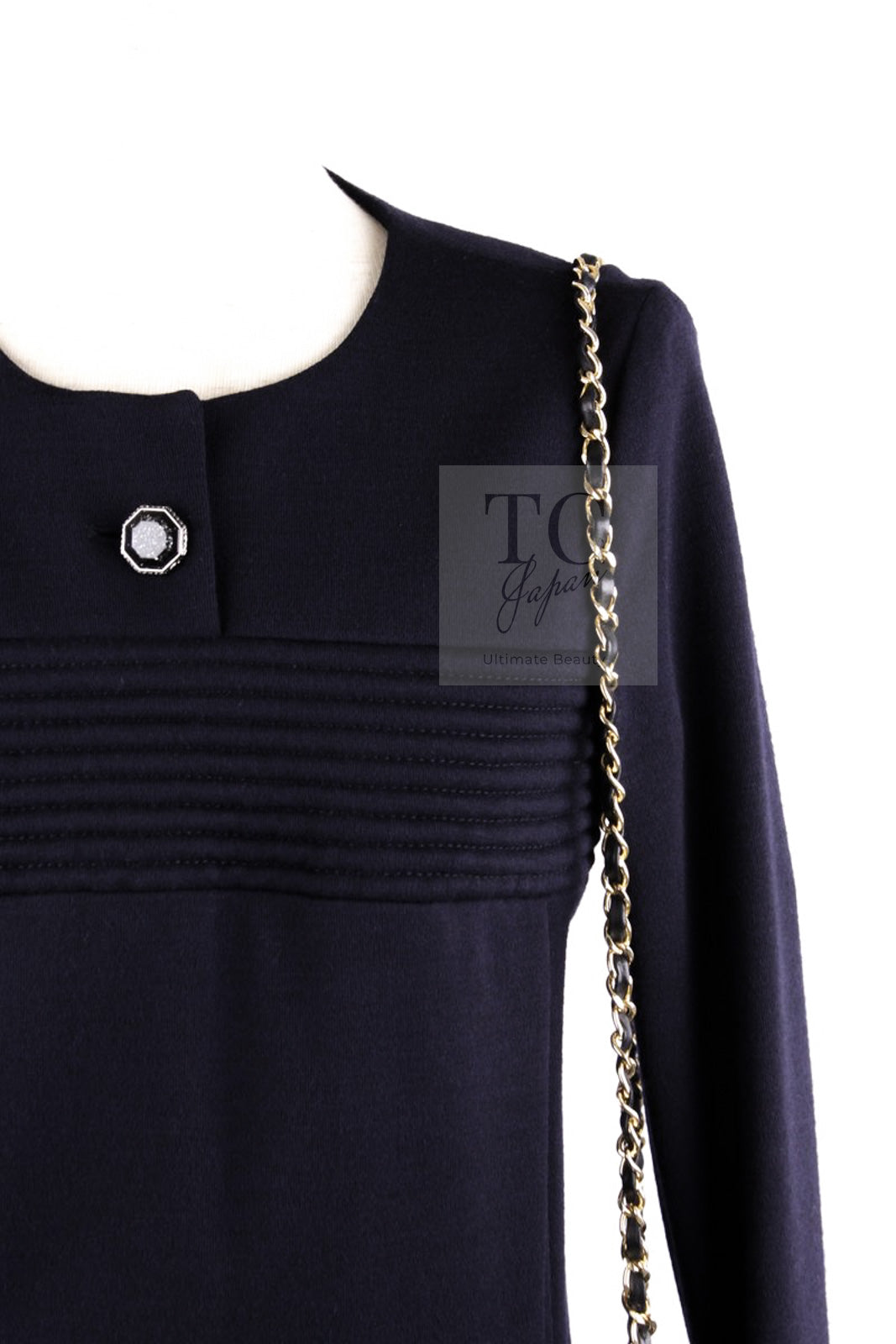 CHANEL 12A Navy Gripoix Button Wool Jersey Knit Dress 34 36 シャネル ネイビー グリポワ宝石 ボタン ウール ジャージ ニット ワンピース 即発 - TC JAPAN