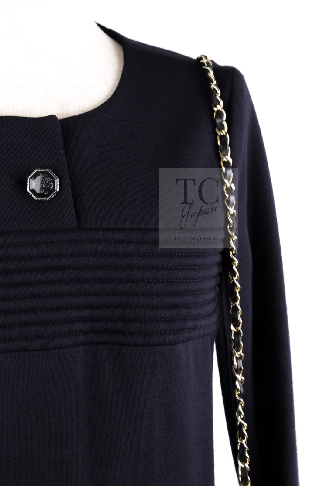 CHANEL 12A Navy Gripoix Button Wool Jersey Knit Dress 34 36 シャネル ネイビー グリポワ宝石 ボタン ウール ジャージ ニット ワンピース 即発 - TC JAPAN