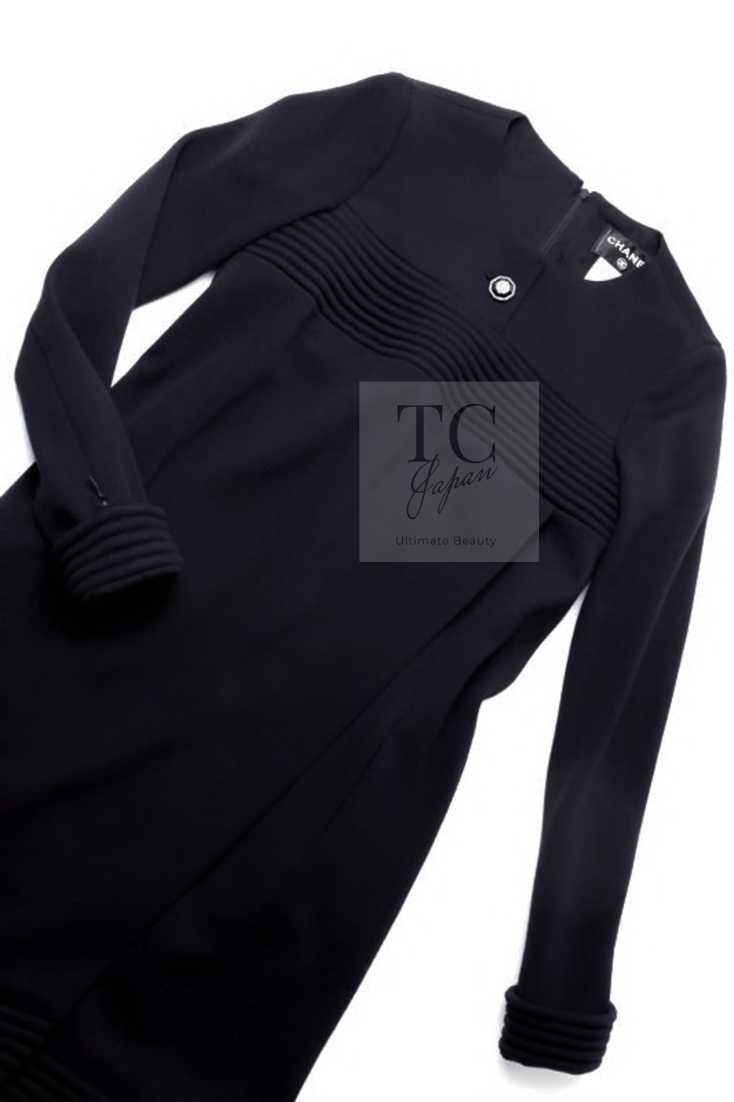 CHANEL 12A Navy Gripoix Button Wool Jersey Knit Dress 34 36 シャネル ネイビー グリポワ宝石 ボタン ウール ジャージ ニット ワンピース 即発 - TC JAPAN