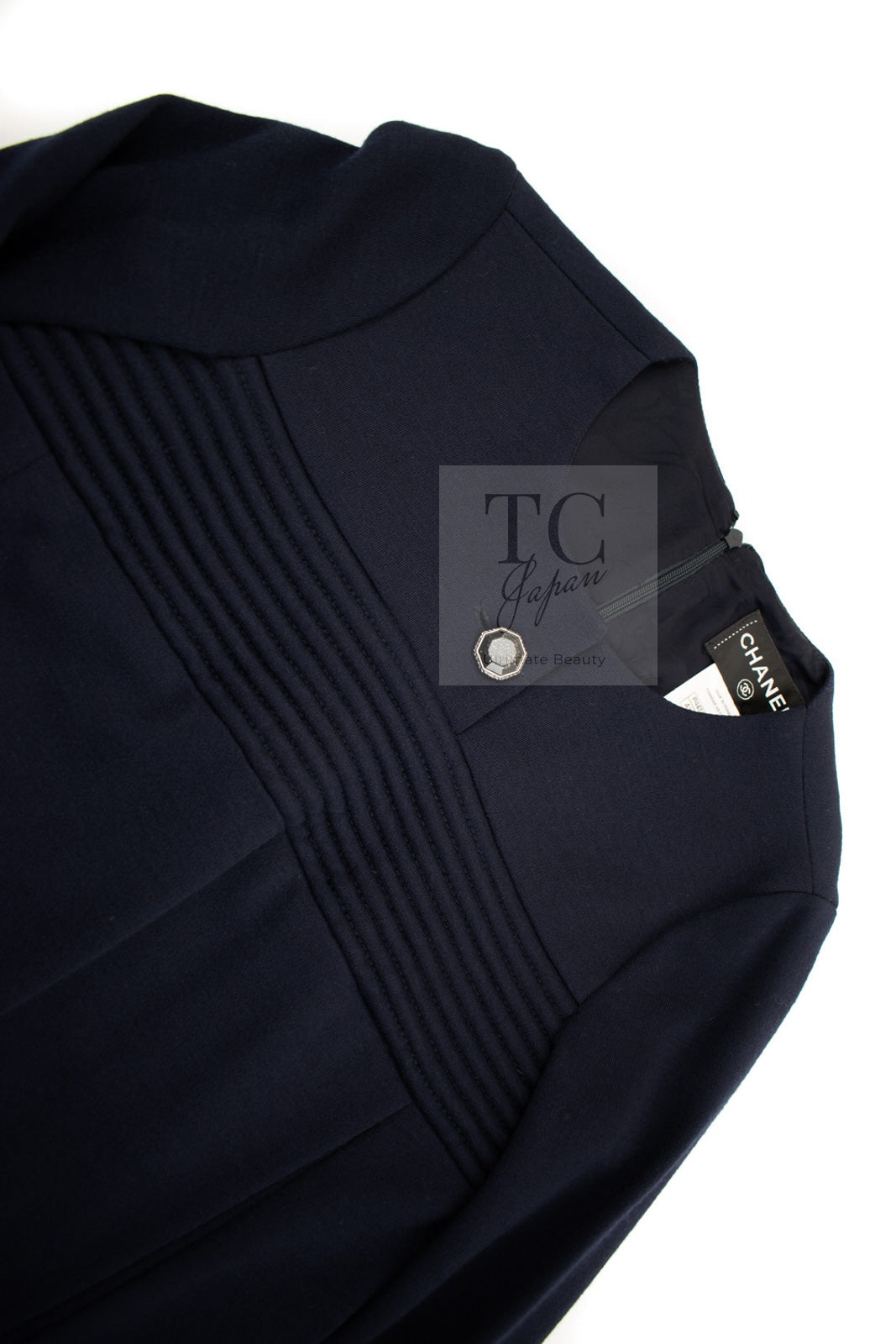CHANEL 12A Navy Gripoix Button Wool Jersey Knit Dress 34 36 シャネル ネイビー グリポワ宝石 ボタン ウール ジャージ ニット ワンピース 即発 - TC JAPAN