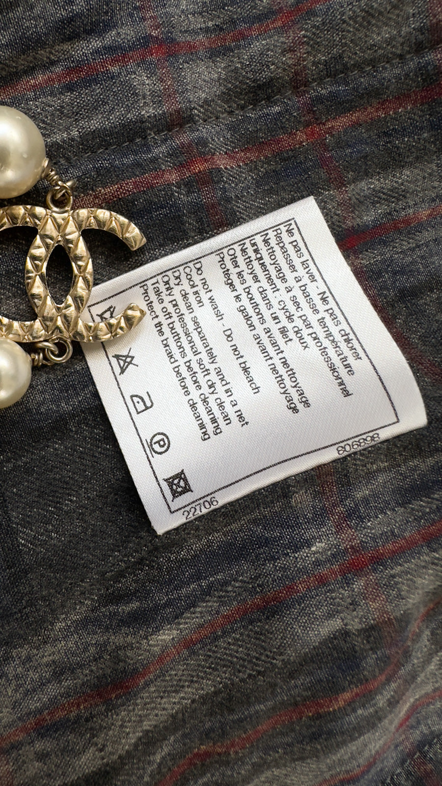 CHANEL 13PF Edinburgh Gray GreyTrim Wool Tweed Jacket 34 シャネル グレー トリミング ウール 100% ツイード ジャケット 即発