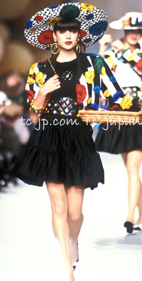 CHANEL 88S Vintage Black Bold Striped Camellia Print Cotton Runway Shirt Jacket 36 38 シャネル ヴィンテージ ブラック カラフル ストライプ カメリア コットン ランウェイ シャツ ジャケット 即発