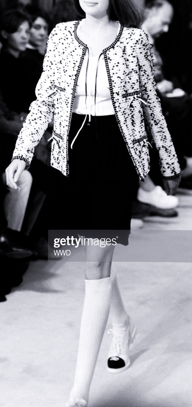 CHANEL 95C Vintage White Black Ribbon Tweed Jacket 34 シャネル ヴィンテージ ホワイト ブラック リボン ツイード ジャケット 即発