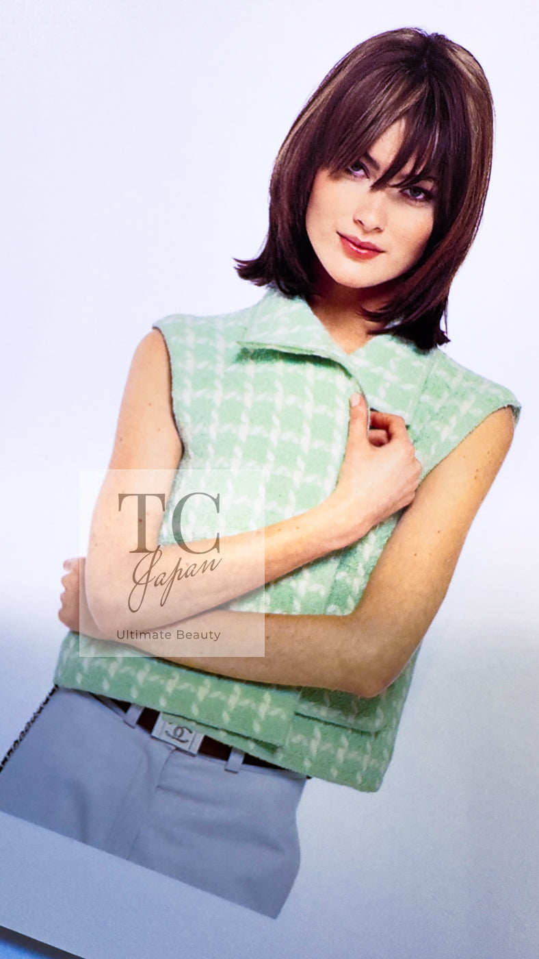 CHANEL 96S Vintage Green Ivory Wool Vest Jacket 38 40 シャネル ヴィンテージ グリーン アイボリー スーパーモデル ウール ベスト ジャケット 即発