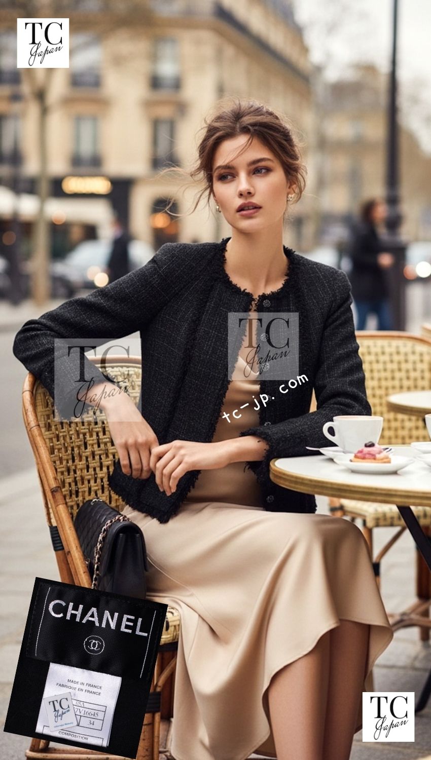 レア CHANELショート竹ツィードジャケットセット シャネル ジャケット CHANEL ブラック クリーム フリンジトリミング