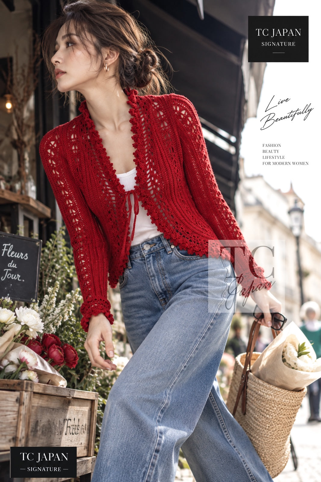 CHANEL Cardigan 04S Red Crochet Frilled Knit 34 for Customers in