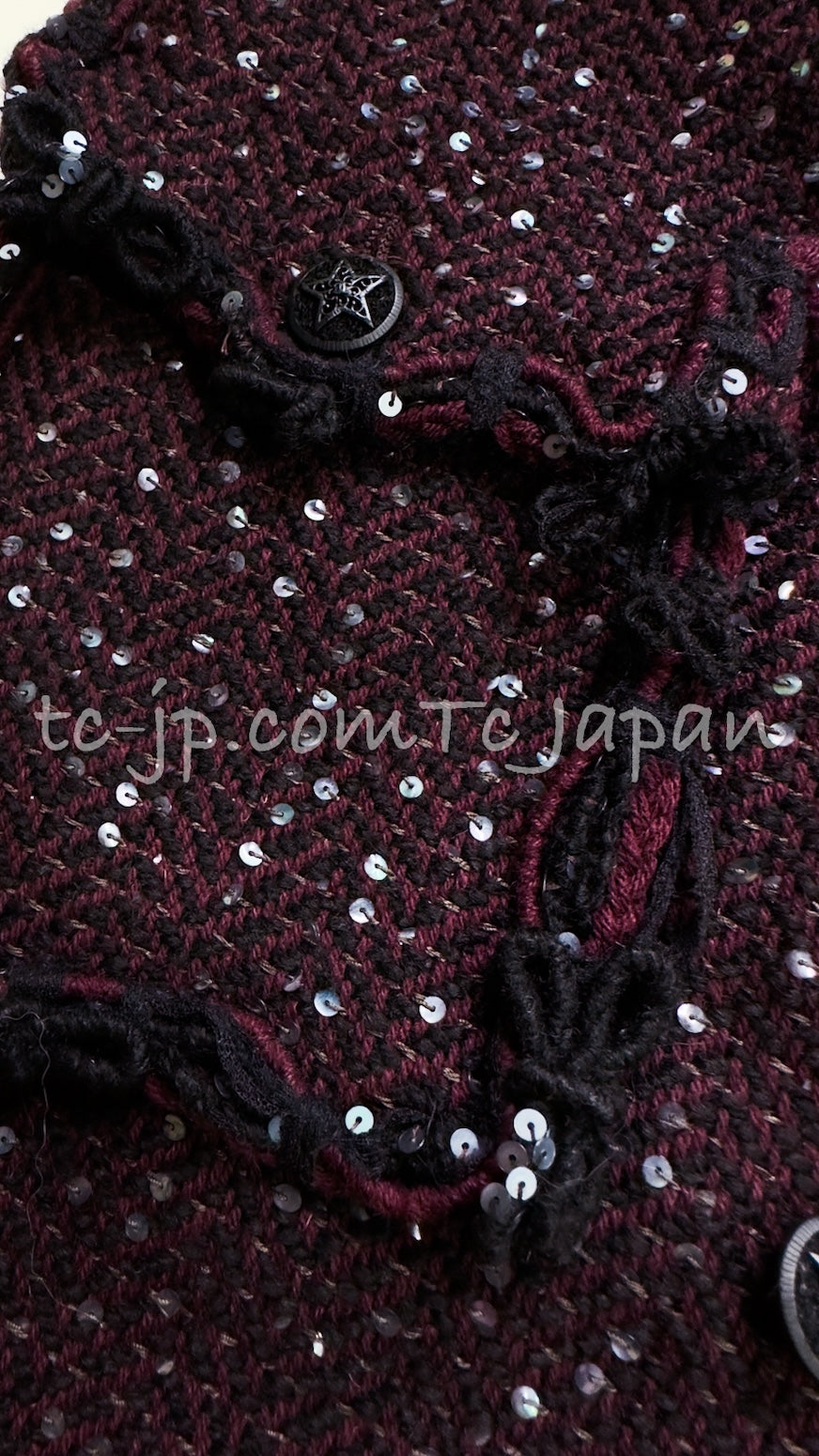 CHANEL 07PF Plum Burgundy Sequin Tweed Jacket Coat Skirt Suit 38 40 シャネル プラム バーガンディー スパンコール ツイード ジャケット コート スカート スーツ 即発