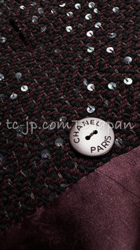 CHANEL 07PF Plum Burgundy Sequin Tweed Jacket Coat Skirt Suit 38 40 シャネル プラム バーガンディー スパンコール ツイード ジャケット コート スカート スーツ 即発