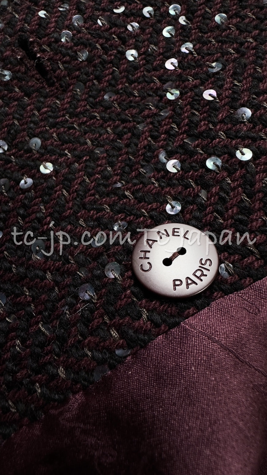 CHANEL 07PF Plum Burgundy Sequin Tweed Jacket Coat Skirt Suit 38 40 シャネル プラム バーガンディー スパンコール ツイード ジャケット コート スカート スーツ 即発