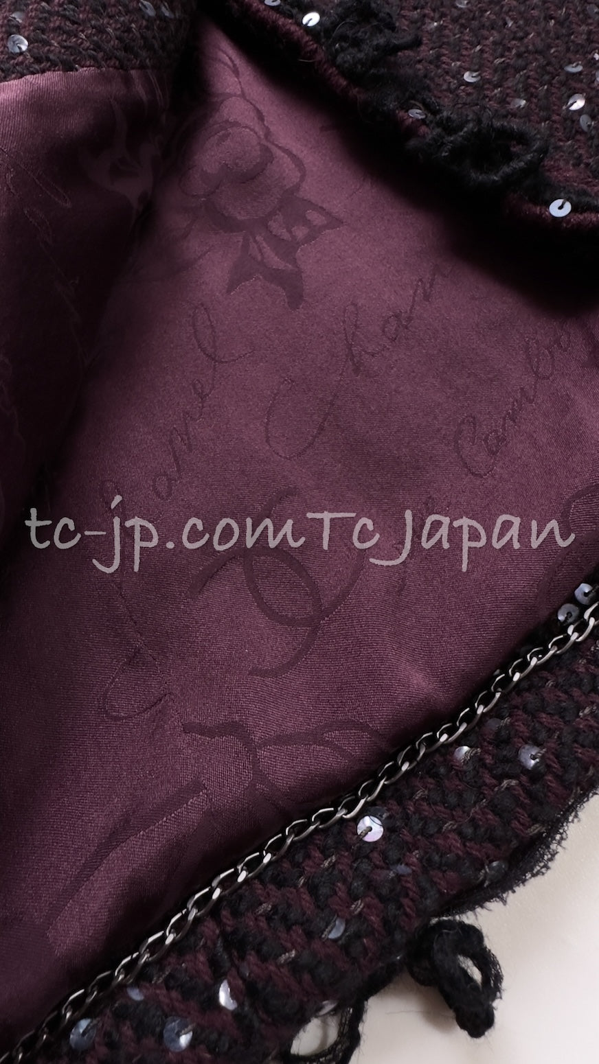 CHANEL 07PF Plum Burgundy Sequin Tweed Jacket Coat Skirt Suit 38 40 シャネル プラム バーガンディー スパンコール ツイード ジャケット コート スカート スーツ 即発