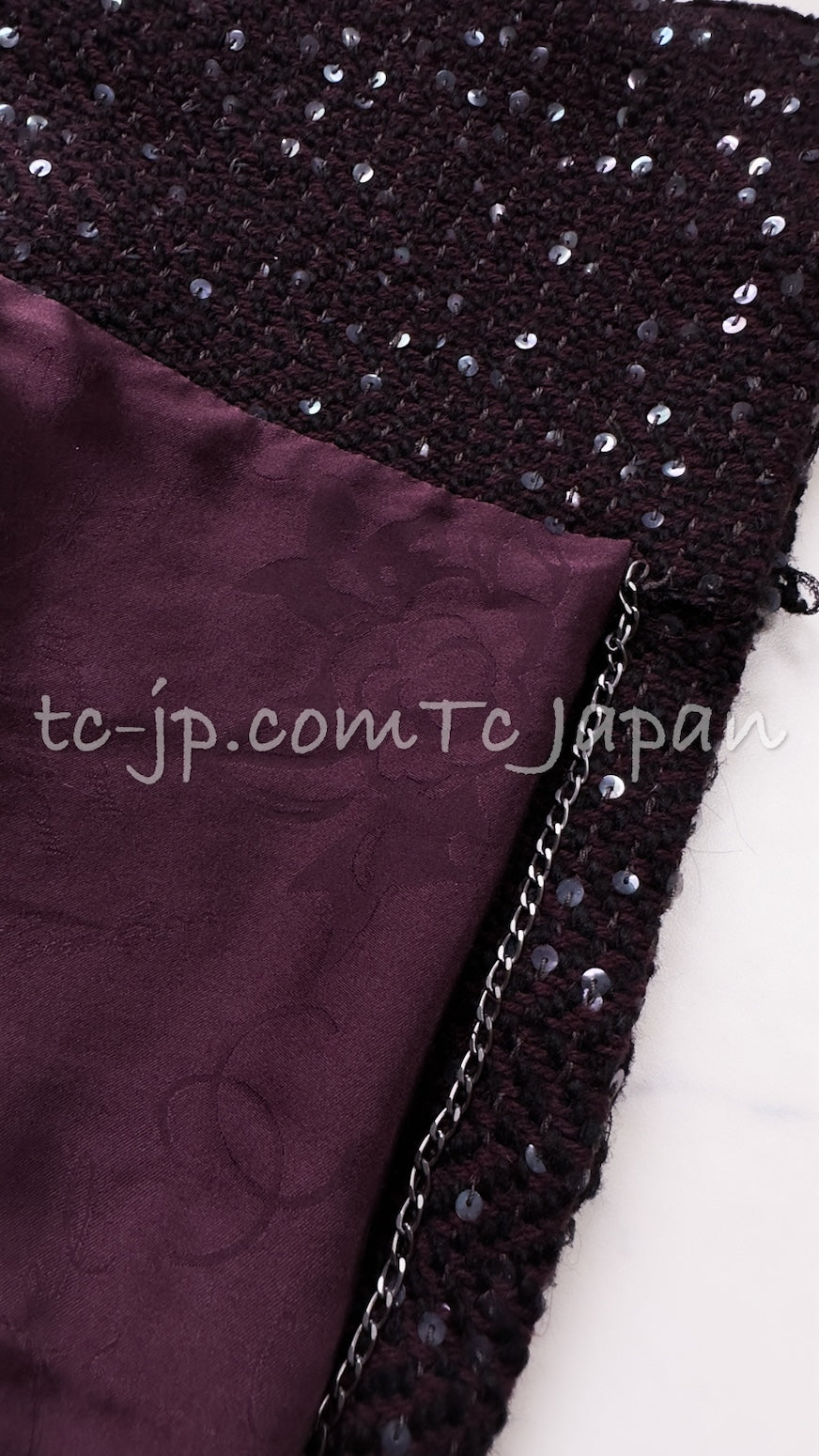CHANEL 07PF Plum Burgundy Sequin Tweed Jacket Coat Skirt Suit 38 40 シャネル プラム バーガンディー スパンコール ツイード ジャケット コート スカート スーツ 即発