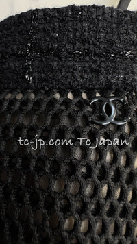 CHANEL 13S Black Stretchable Mesh Jacket With Pearl Button Skirt 40 44 シャネル ブラック ビッグ パール ボタン ストレッチ メッシュ スカート 即発