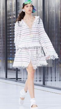 CHANEL 17S White Multicolor Stripe Ruffle Silk Blouse Tops 36 38 シャネル ホワイト マルチカラー ストライプ フリル ブラウス トップス 即発