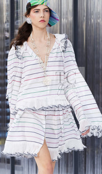 CHANEL 17S White Multicolor Stripe Ruffle Silk Blouse Tops 36 38 シャネル ホワイト マルチカラー ストライプ フリル ブラウス トップス 即発