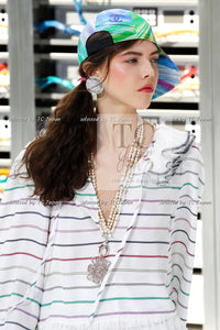 CHANEL 17S White Multicolor Stripe Ruffle Silk Blouse Tops 36 38 シャネル ホワイト マルチカラー ストライプ フリル ブラウス トップス 即発