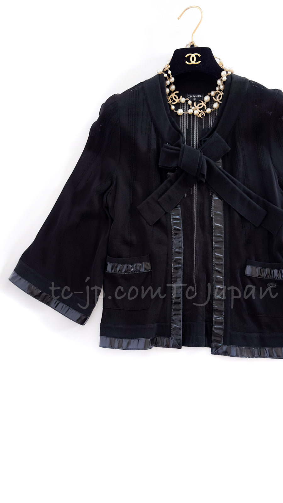 CHANEL 07S Ribbon Trim Black Cardigan Jacket 34 36 シャネル リボン・トリム・ブラック・ニット ボレロ カーディガン 即発