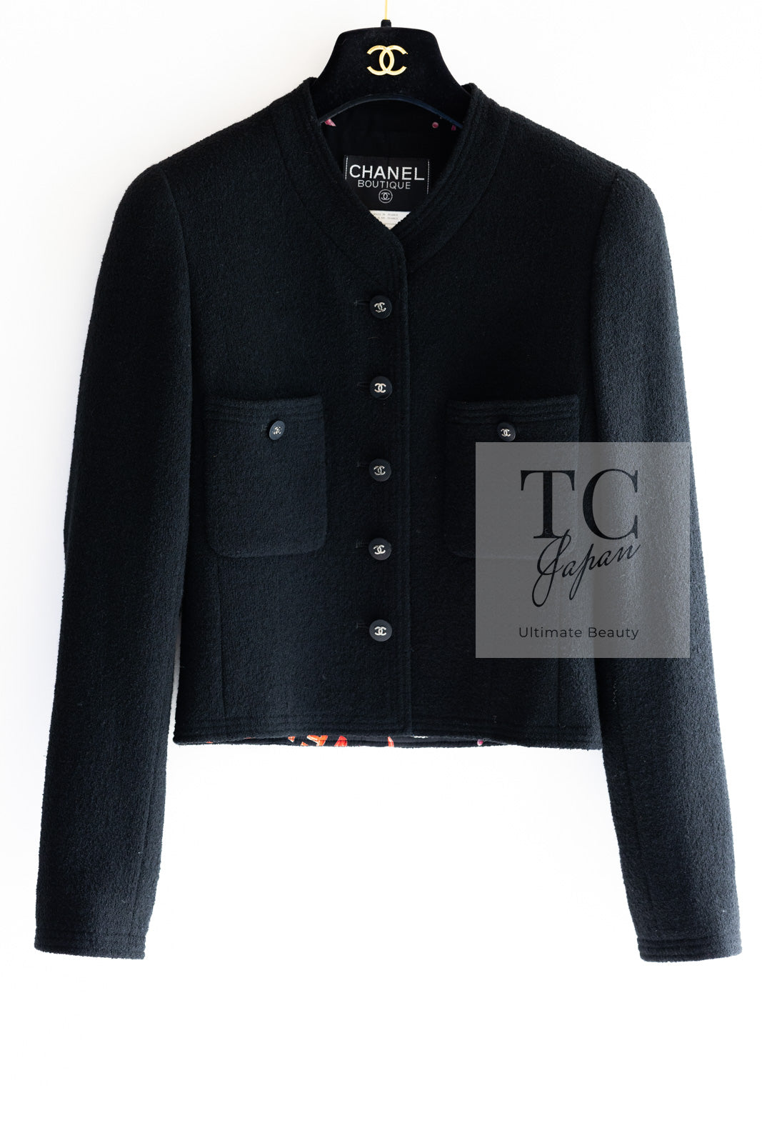 CHANEL 96S Black Rouge  Re d Pink Logo Tweed Jacket Skirt Suit 34 シャネル ブラック ルージュ レッド ピンク ロゴ ツイード ジャケット スカート スーツ 即発