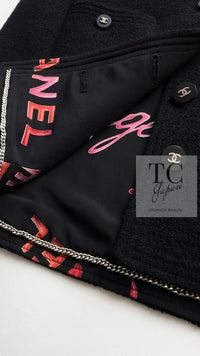 CHANEL 96S Black Rouge  Re d Pink Logo Tweed Jacket Skirt Suit 34 シャネル ブラック ルージュ レッド ピンク ロゴ ツイード ジャケット スカート スーツ 即発