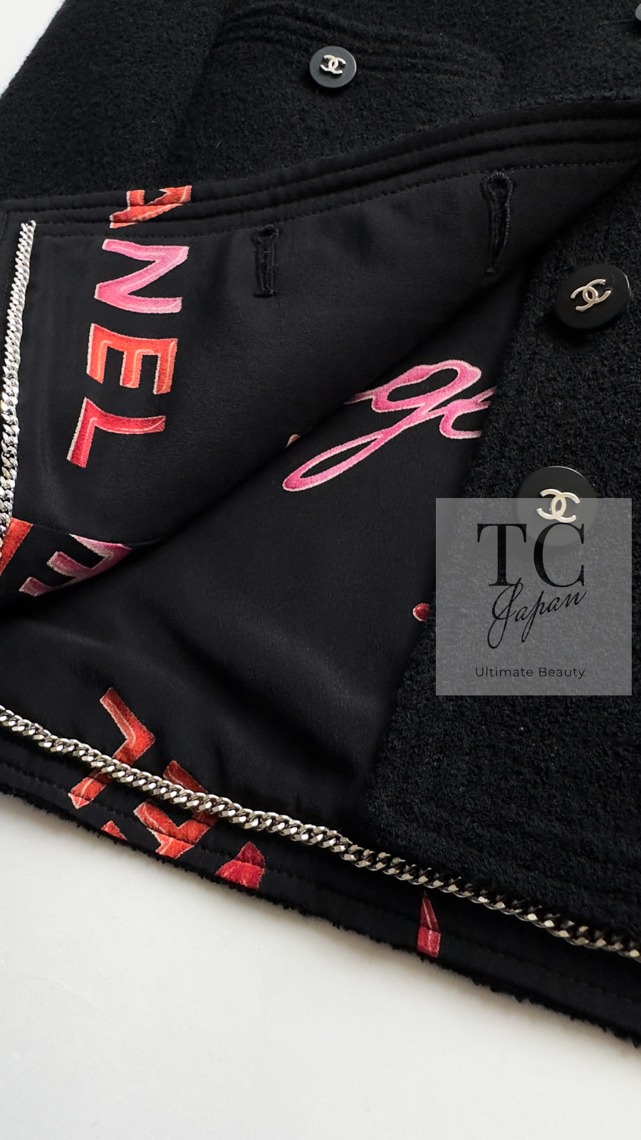 CHANEL 96S Black Rouge  Re d Pink Logo Tweed Jacket Skirt Suit 34 シャネル ブラック ルージュ レッド ピンク ロゴ ツイード ジャケット スカート スーツ 即発