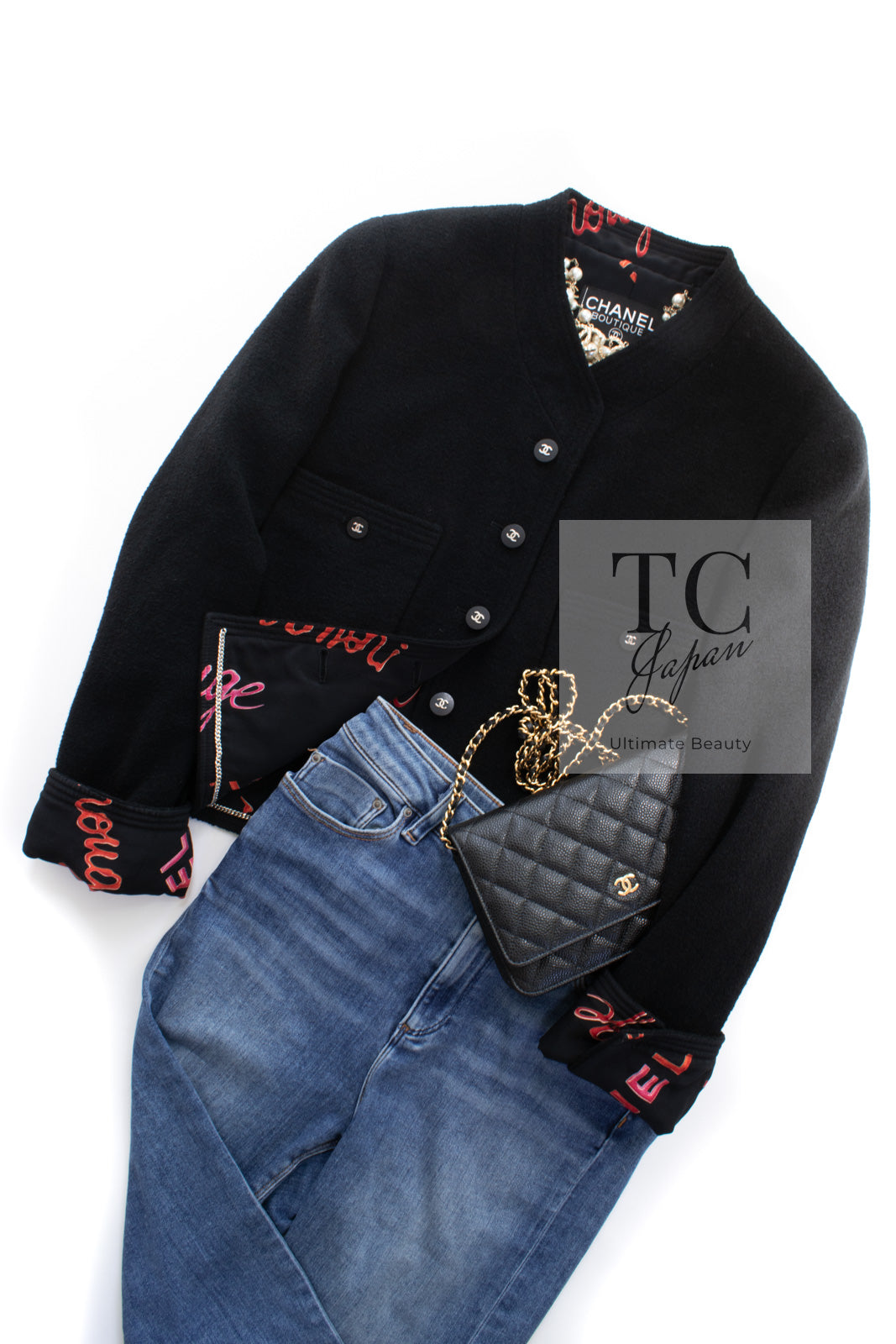 CHANEL 96S Black Rouge  Re d Pink Logo Tweed Jacket Skirt Suit 34 シャネル ブラック ルージュ レッド ピンク ロゴ ツイード ジャケット スカート スーツ 即発