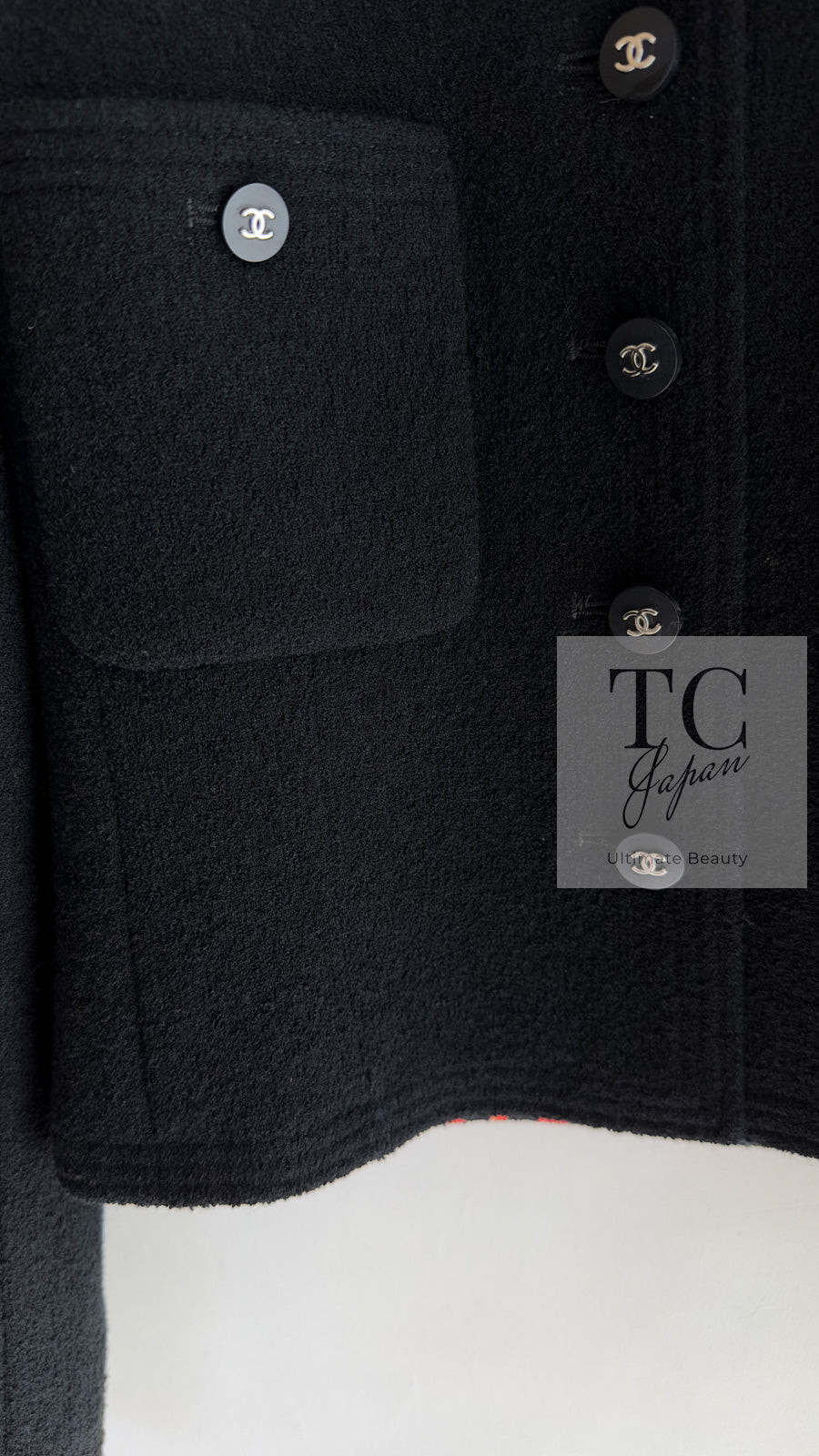 CHANEL 96S Black Rouge  Re d Pink Logo Tweed Jacket Skirt Suit 34 シャネル ブラック ルージュ レッド ピンク ロゴ ツイード ジャケット スカート スーツ 即発