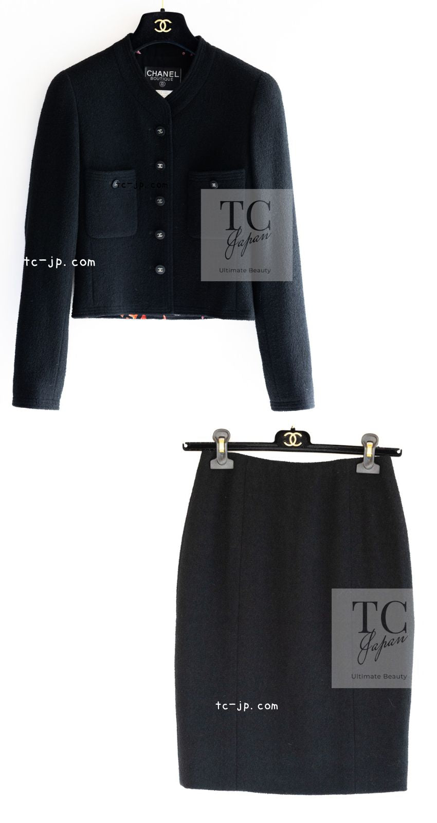 CHANEL 96S Black Rouge  Re d Pink Logo Tweed Jacket Skirt Suit 34 シャネル ブラック ルージュ レッド ピンク ロゴ ツイード ジャケット スカート スーツ 即発