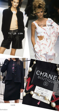 CHANEL 96S Black Rouge  Re d Pink Logo Tweed Jacket Skirt Suit 34 シャネル ブラック ルージュ レッド ピンク ロゴ ツイード ジャケット スカート スーツ 即発