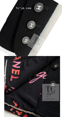 CHANEL 96S Black Rouge  Re d Pink Logo Tweed Jacket Skirt Suit 34 シャネル ブラック ルージュ レッド ピンク ロゴ ツイード ジャケット スカート スーツ 即発