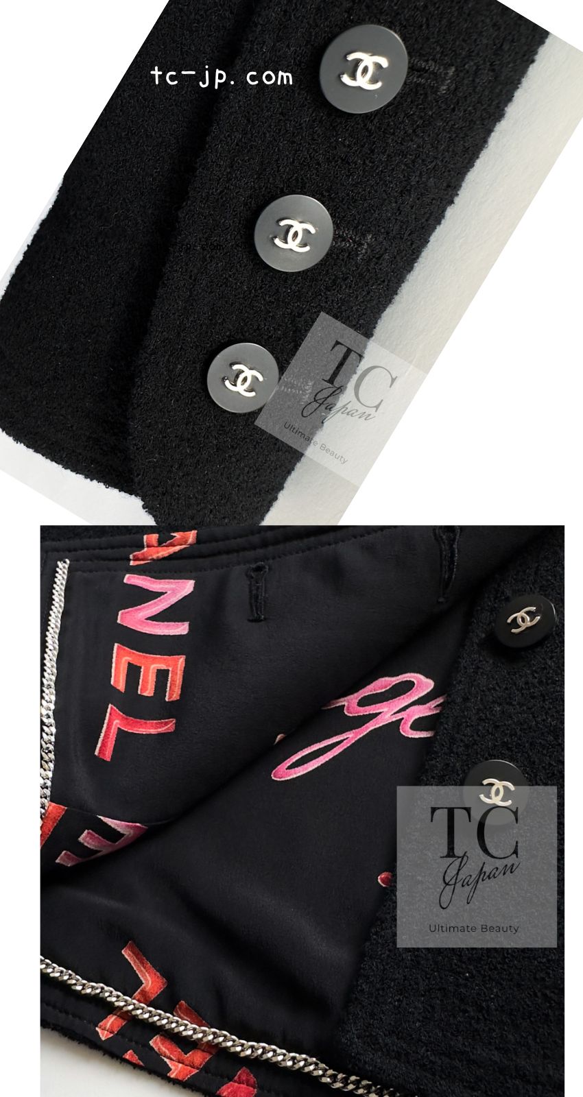 CHANEL 96S Black Rouge  Re d Pink Logo Tweed Jacket Skirt Suit 34 シャネル ブラック ルージュ レッド ピンク ロゴ ツイード ジャケット スカート スーツ 即発