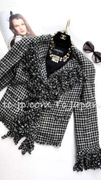 CHANEL 07S Black Gray Houndstooth Fringe Silk Linen Wool Tweed Jacket 34 36 シャネル ブラック グレー フリンジ ツイード ジャケット 千鳥格子 即発