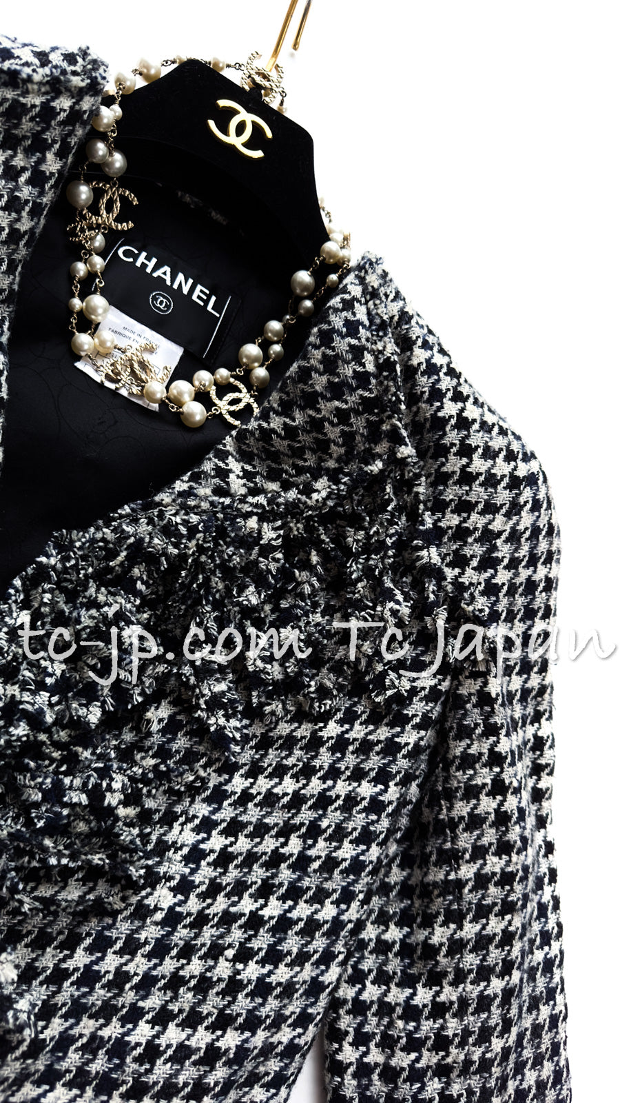 CHANEL 07S Black Gray Houndstooth Fringe Silk Linen Wool Tweed Jacket 34 36 シャネル ブラック グレー フリンジ ツイード ジャケット 千鳥格子 即発